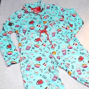 Womens Pillow Talk Coffee Motif Cotton 2 Piece Pajama Set  Size XL